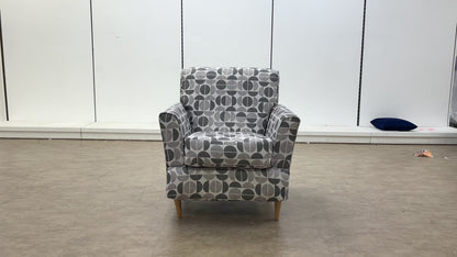 ‘Tenby’ Light Greyscale Half Moon Patterned Fabric Armchair