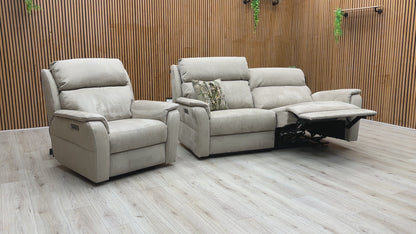 Nicoletti 'Vito' Flambe Visone Taupe Fabric 3 Seater Power Recliner Sofa with Power Headrest and Power Lumbar + Power Chair