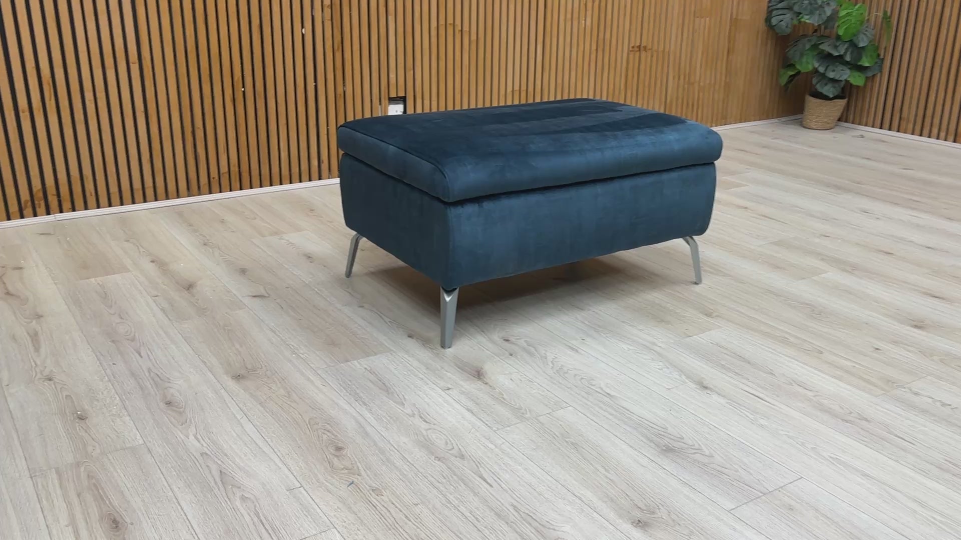  Video 'Daytona' Standard Footstool in Airforce Blue Velvet, showcasing its modern design and sleek, slimline legs.