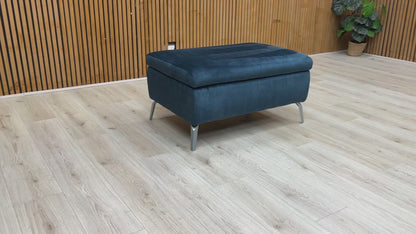  Video 'Daytona' Standard Footstool in Airforce Blue Velvet, showcasing its modern design and sleek, slimline legs.