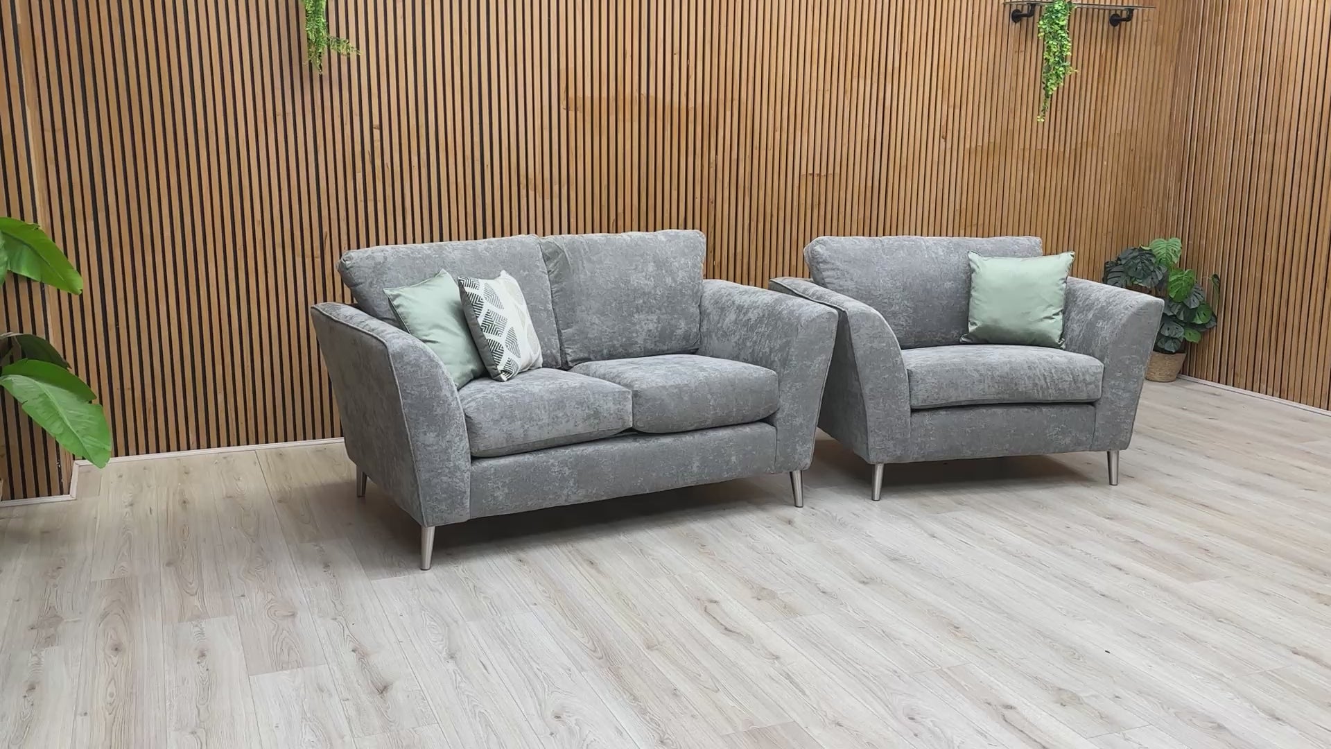 Video tour of the 'Lana' 2-seater sofa and love chair, demonstrating the fabric texture, seating comfort, and build quality.