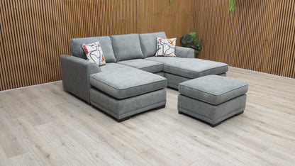 ‘Orka' Graphite Grey Plaza Linen Fabric Quilted Arm Double Ended Chaise Sofa + Small Footstool