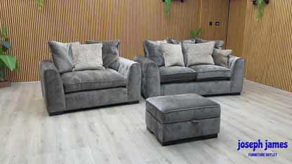 'Valentina' Truffle Brown Fabric 2 Seater Pillow Back Sofa + Snuggler Chair + Storage Footstool