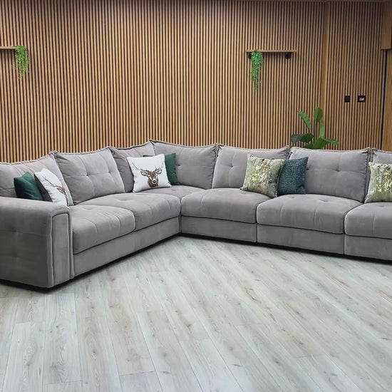 Video Of ‘Goliath’ contemporary XL open end corner sofa, beautifully upholstered in high-grade Manhattan Nutmeg 58005 fabric featuring an integrated functional storage armrest.