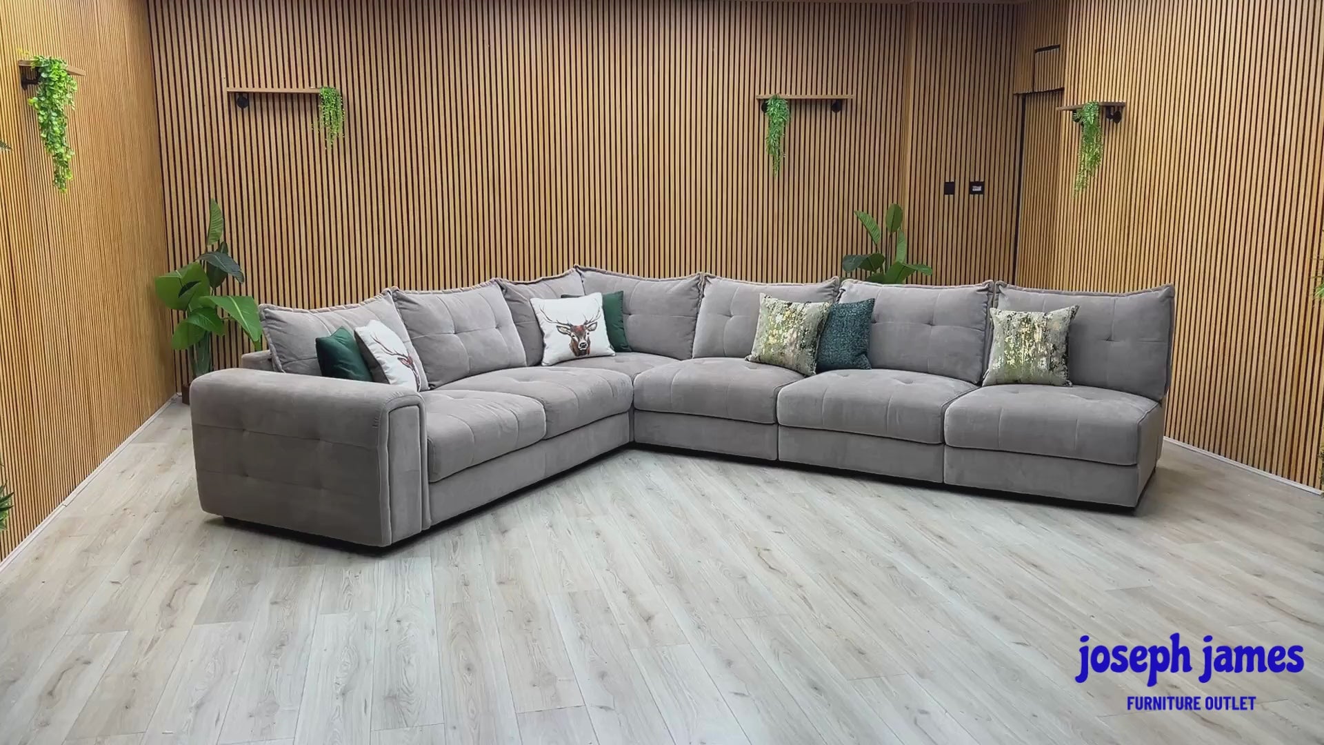 Video Of ‘Goliath’ contemporary XL open end corner sofa, beautifully upholstered in high-grade Manhattan Nutmeg 58005 fabric featuring an integrated functional storage armrest.