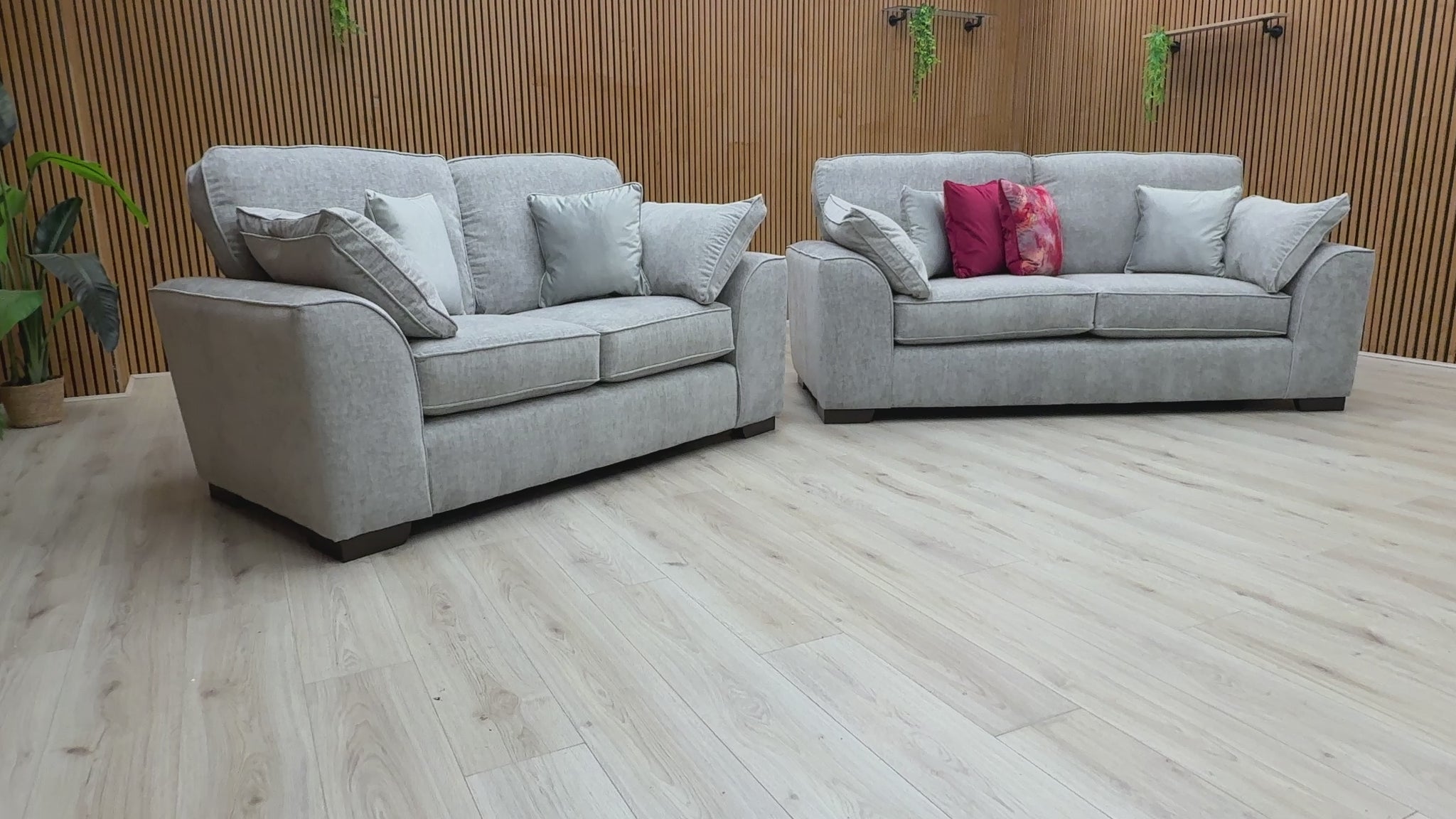 Video for a clip demonstrating the features and light grey chenille texture of the 'Harvey' Sofa Set.