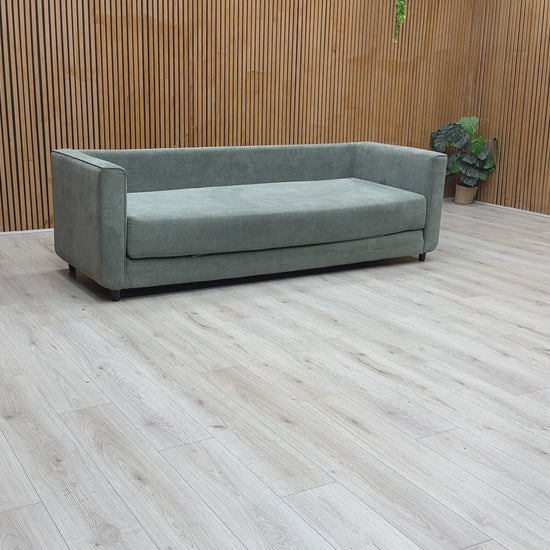 Product video tour of the ‘Esprit’ Grey Fabric Fold Out Day Bed, demonstrating how easily it transitions from a comfortable sofa to a sleep space, along with its fabric quality and build.
