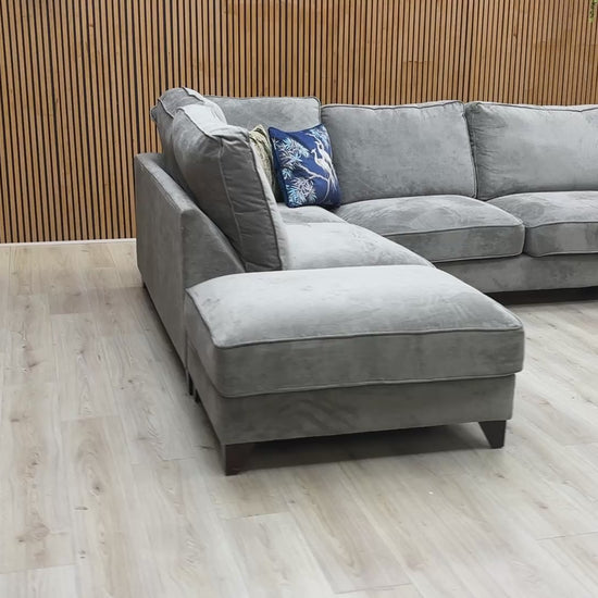 Video tour of the ‘Legend’ corner sofa, demonstrating the soft texture of the grey fabric and the supportive FoamFlex™ seat cushions.
