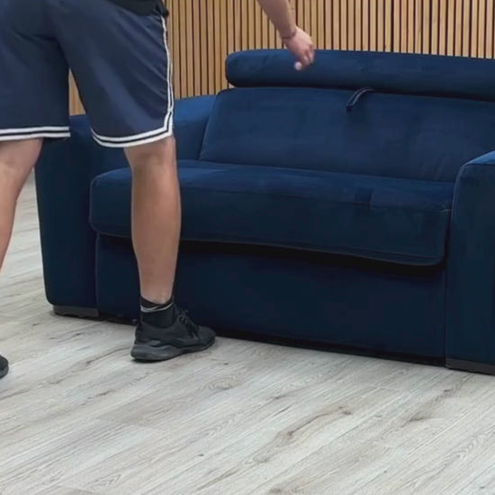 Video Of ‘Infinity’ contemporary 2-in-1 large sleeper chair and single sofa bed, beautifully upholstered in a striking, rich Meg R28 Navy Blue fabric.