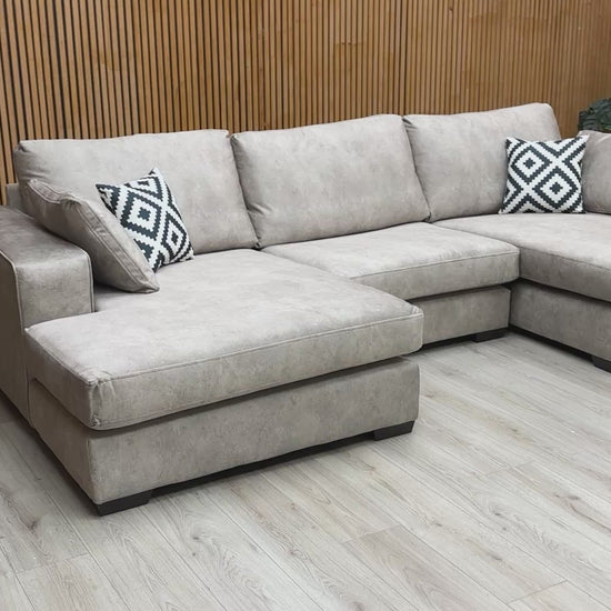 Video demonstration showing the 'Larry' pearl grey sofa, highlighting its scale, fabric quality, and comfort.