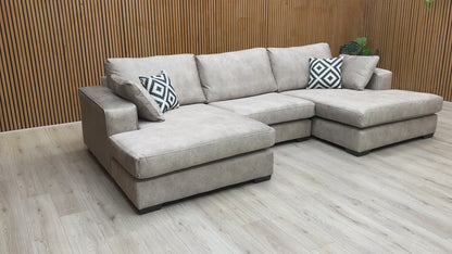 Video demonstration showing the 'Larry' pearl grey sofa, highlighting its scale, fabric quality, and comfort.