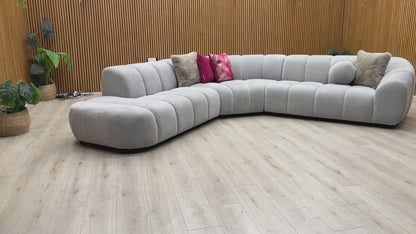 Product walkthrough of the Waldorf corner sofa, demonstrating the seating depth, cushion firmness, and the unique open-end chaise configuration.