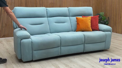 ‘Cinemax’ Vv-Velvet Blu Fabric 3 Seater 3 Cushion Media Arms Power Recliner Sofa with Power Headrests