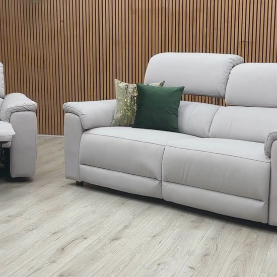 Video Of ‘Genius’ contemporary 3-seater power recliner sofa and matching power armchair suite, beautifully upholstered in high-performance Bella Lead Grey 43451 fabric.