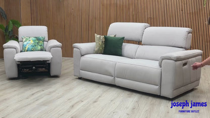 Video Of ‘Genius’ contemporary 3-seater power recliner sofa and matching power armchair suite, beautifully upholstered in high-performance Bella Lead Grey 43451 fabric.