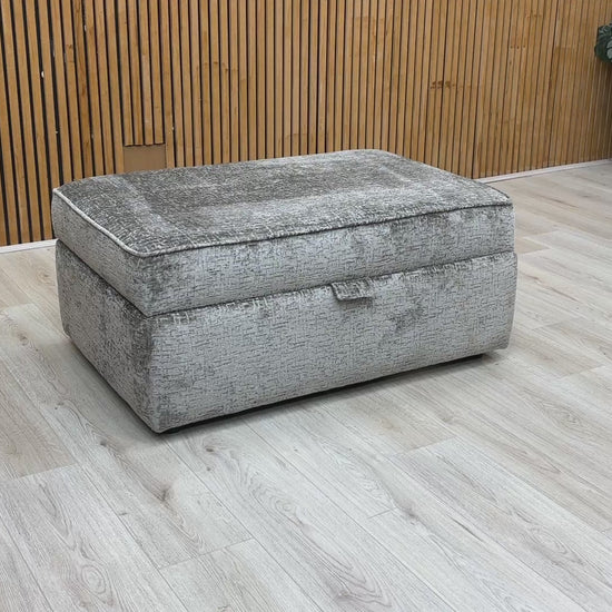 Product video tour of the ‘Sasha’ Alexandra Grey Storage Footstool, demonstrating the smooth easy-lift opening and the generous capacity of the storage compartment.