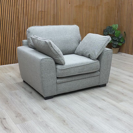  Video Sort Silver Woven Fabric Armchair, emphasizing the contemporary style and visible wooden feet