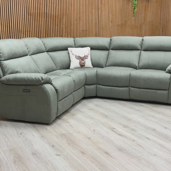 Product video tour of the ‘Moreno’ Olive Green Suede Power Recliner Corner Sofa, demonstrating the motorised reclining mechanism and the premium fabric texture.