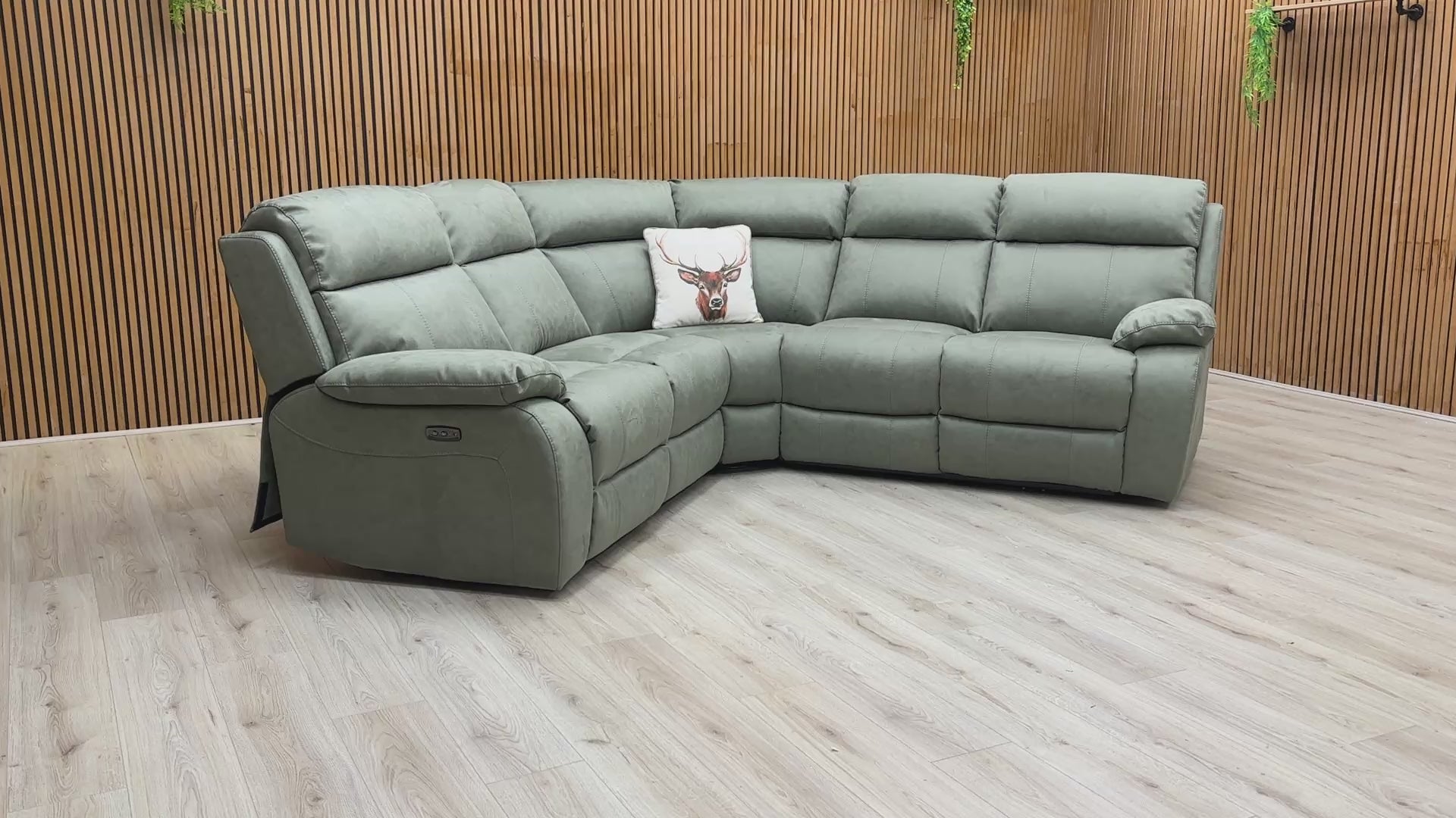 Product video tour of the ‘Moreno’ Olive Green Suede Power Recliner Corner Sofa, demonstrating the motorised reclining mechanism and the premium fabric texture.