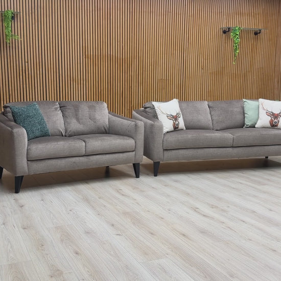 Video walkthrough showcasing the Oslo Vogue stone velvet 3+2 seater sofa set, demonstrating the premium velvet fabric sheen, cushion recovery, and structural build quality.