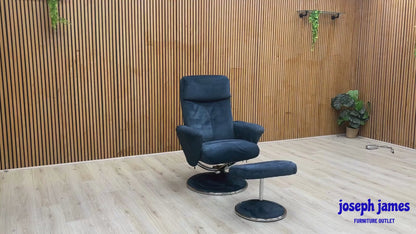 ‘Nice’ Deep Sea Blue Velvet Swivel Recliner Chair and Footstool