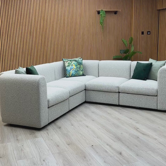 Video Of ‘New Sofables So Together’ contemporary modular corner sofa suite, beautifully upholstered in a sophisticated Oatmeal fabric with a sleek non-fluted design.