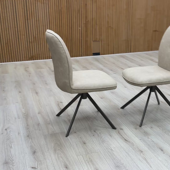 Video showing the 360-degree swivel and automatic return mechanism of the Perla dining chairs.