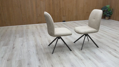 Video showing the 360-degree swivel and automatic return mechanism of the Perla dining chairs.