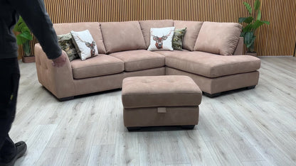 ‘Dinky’ Dexter Sand 43507 Fabric Corner Chaise End Sofa + Large Storage Footstool