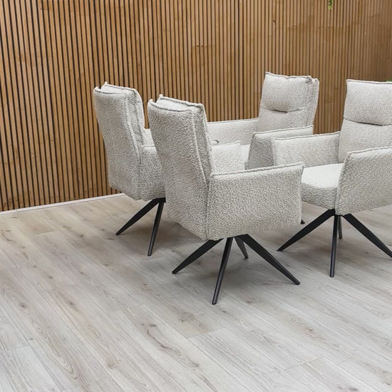 Video showcasing the swivel feature and the natural mink textured chenille fabric of the ‘Sarah’ dining chair.