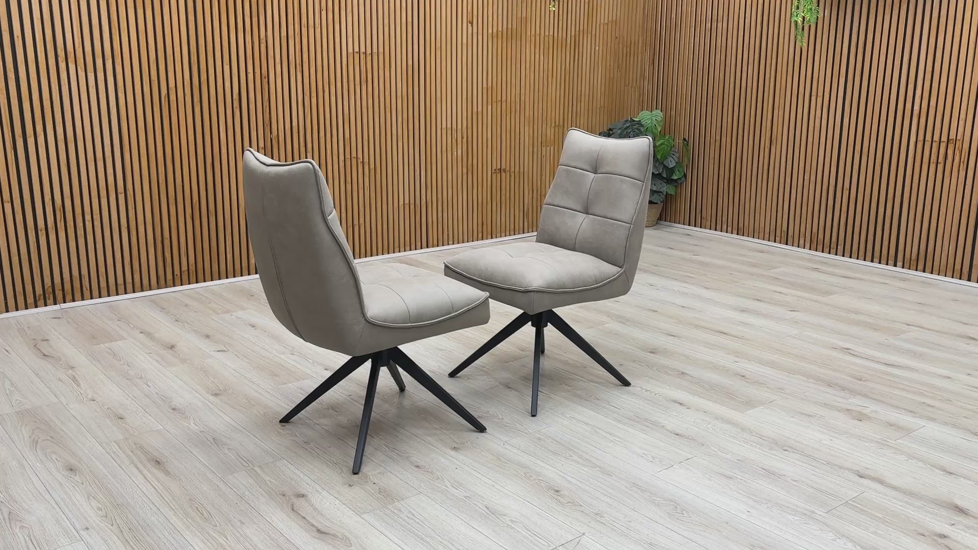 Product video tour of the ‘Germain’ Taupe Faux Leather Swivel Dining Chairs, demonstrating the smooth auto-return swivel mechanism, fabric durability, and overall structural stability.