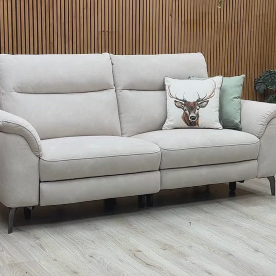 Video Of ‘Morgan’ contemporary 3-seater power recliner sofa, beautifully upholstered in luxurious Dexter Ivory 43501 fabric with a clean, low-profile frame.