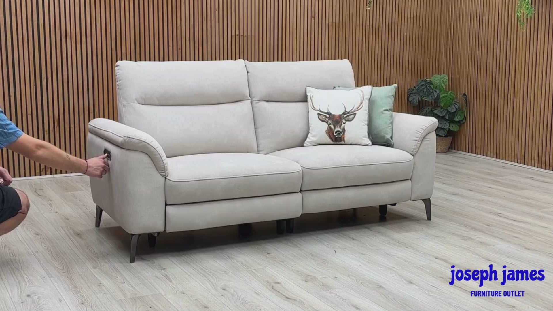 Video Of ‘Morgan’ contemporary 3-seater power recliner sofa, beautifully upholstered in luxurious Dexter Ivory 43501 fabric with a clean, low-profile frame.