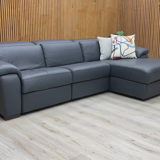 Product video tour of the Nicoletti Galileo Power Recliner Chaise Sofa, demonstrating the smooth power mechanism, premium leather texture, and superior Italian build quality.