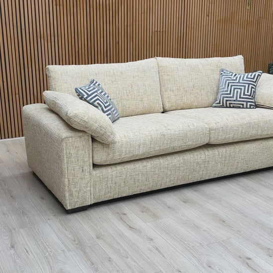 Video tour showcasing the woven fabric texture, deep seating, and formal back support of the ‘Burton’ Odyssey sofa.