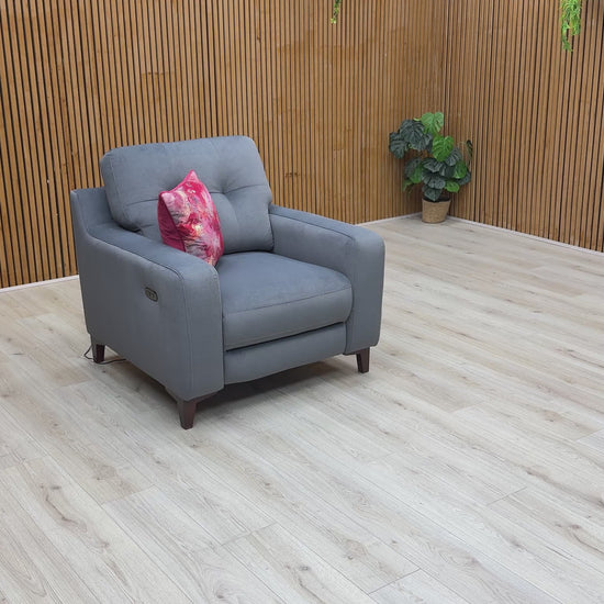 Video demonstrating the motorized reclining functionality of the 'Iris' Steel Grey Velvet Power Recliner Armchair.