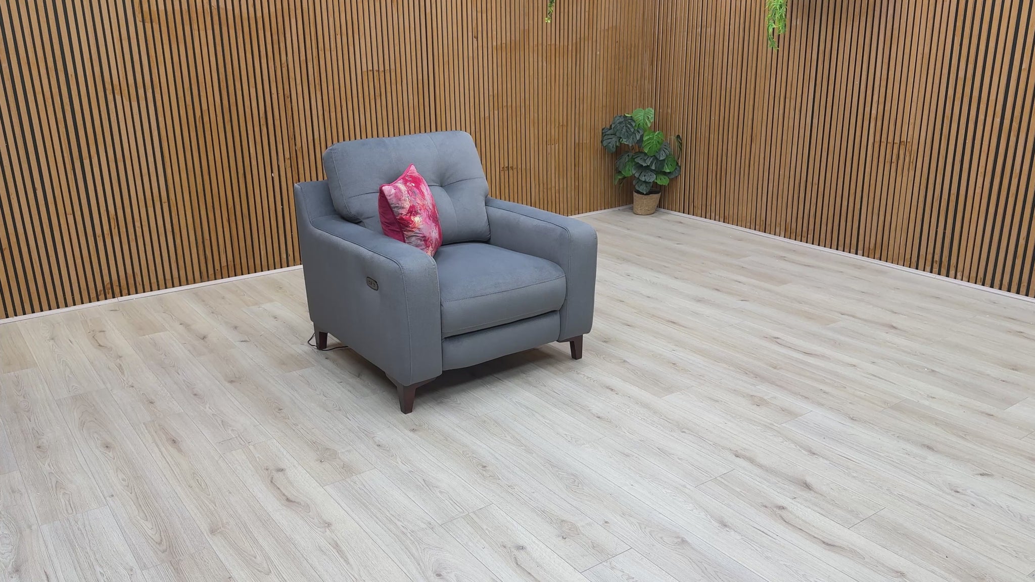 Video demonstrating the motorized reclining functionality of the 'Iris' Steel Grey Velvet Power Recliner Armchair.