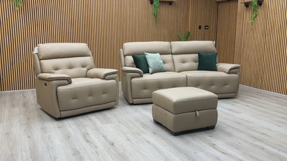 World of Leather ‘Brescia’ Nw-8475 Nude Cream Leather 3 Seater Power Recliner Sofa with Power Headrests + Power Chair + Storage Footstool
