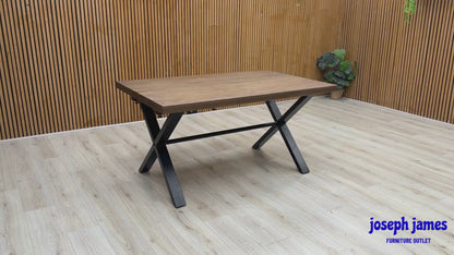 'Jupiter' Dark Oak Solid Oak Dining Table with X Shaped Legs 150 cm + Grey Faux Leather Swivel Chairs Set of 6