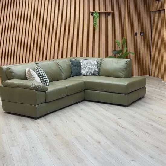 Video Of ‘Marlow’ contemporary right-hand facing corner chaise sofa, beautifully tailored in luxurious, high-grade Olive Green Italian leather upholstery.