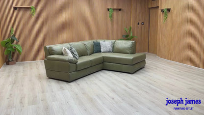 Video Of ‘Marlow’ contemporary right-hand facing corner chaise sofa, beautifully tailored in luxurious, high-grade Olive Green Italian leather upholstery.