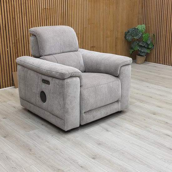 Video demonstration of the 'Genius' media chair reclining and showcasing the Bluetooth speaker functionality.