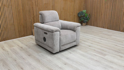 Video demonstration of the 'Genius' media chair reclining and showcasing the Bluetooth speaker functionality.