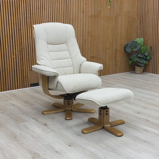Product video tour of the ‘Riga’ Hessian Beige Swivel Recliner, demonstrating the smooth 360-degree rotation and the easy push-back reclining mechanism.