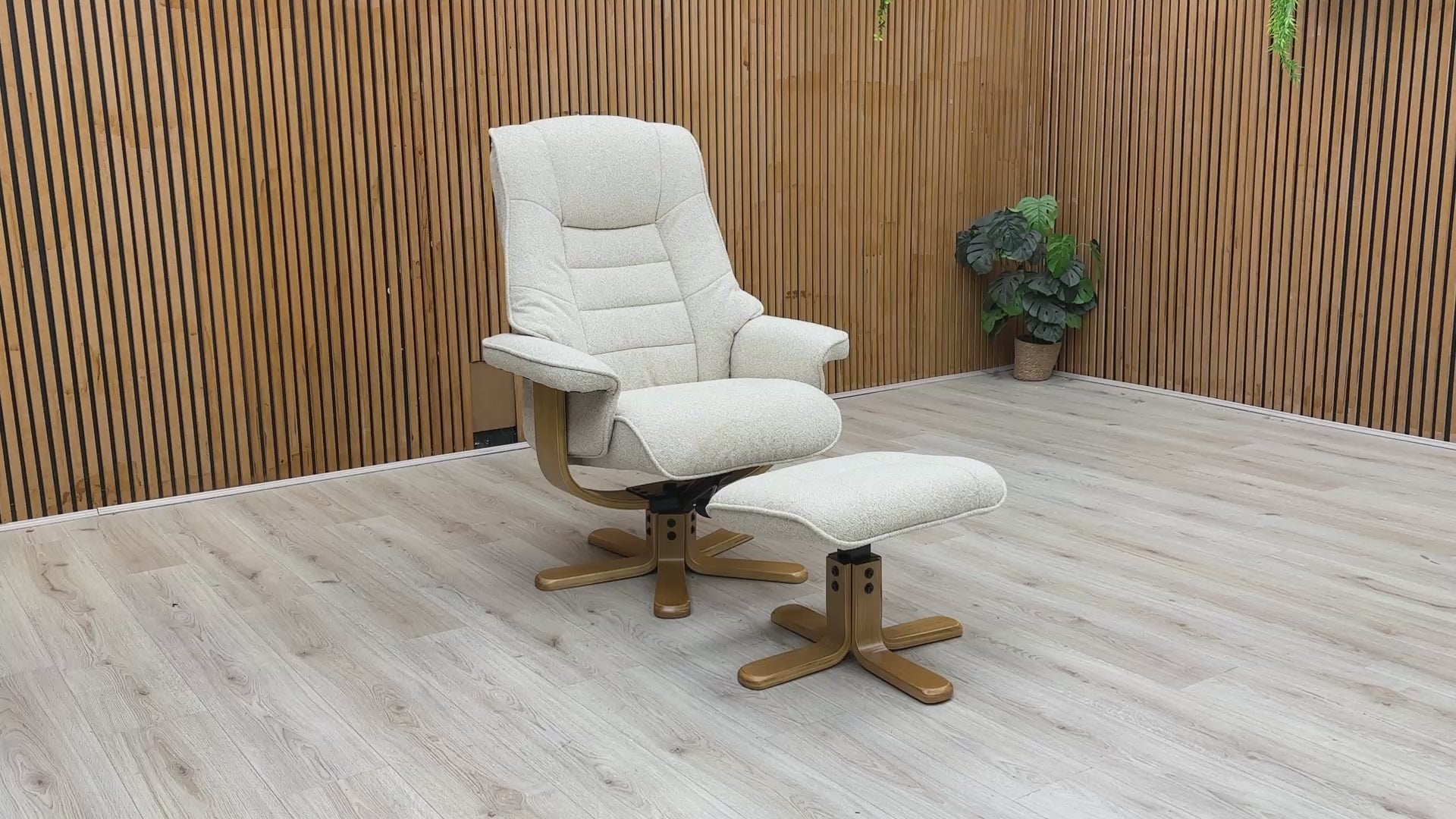 Product video tour of the ‘Riga’ Hessian Beige Swivel Recliner, demonstrating the smooth 360-degree rotation and the easy push-back reclining mechanism.