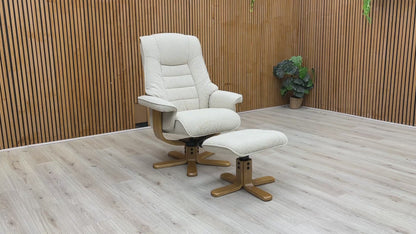 Product video tour of the ‘Riga’ Hessian Beige Swivel Recliner, demonstrating the smooth 360-degree rotation and the easy push-back reclining mechanism.