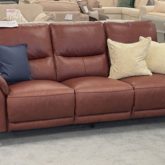 Product walk-around of the Daytona Butterscotch Leather 3-Seater, demonstrating the manual adjustable headrest mechanism and leather quality.