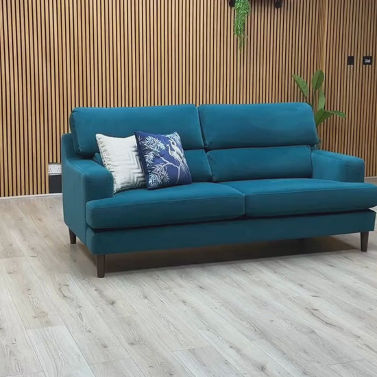 Video Of ‘The Lounge Co. Romilly’ contemporary 3-seater stationary sofa, beautifully upholstered in high-grade Dragoneye Teal fabric with a striking modern aesthetic.