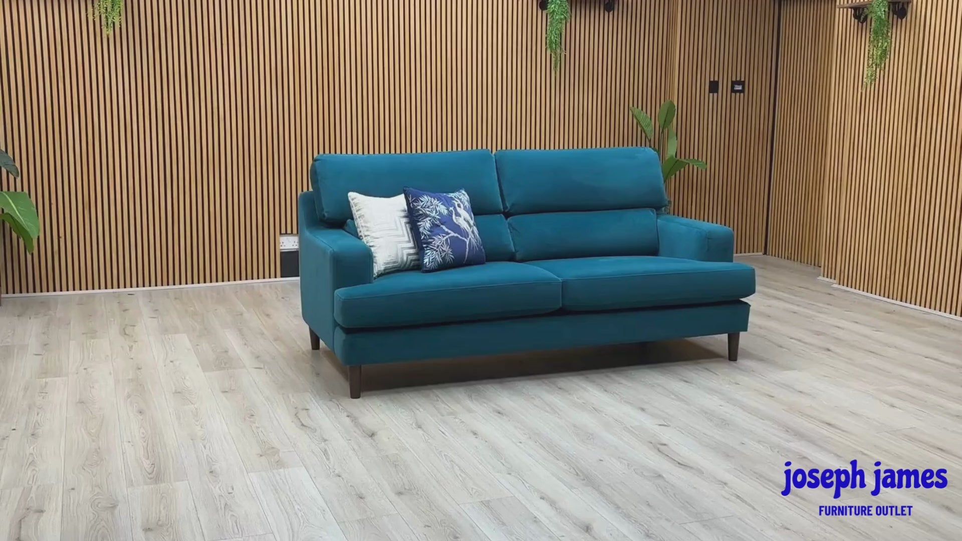 Video Of ‘The Lounge Co. Romilly’ contemporary 3-seater stationary sofa, beautifully upholstered in high-grade Dragoneye Teal fabric with a striking modern aesthetic.