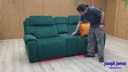 World of Leather ‘Hollywood’ Emerald Green Velvet Fabric 3 Seater Power Recliner Media Sofa with Power Headrests and Storage Arms